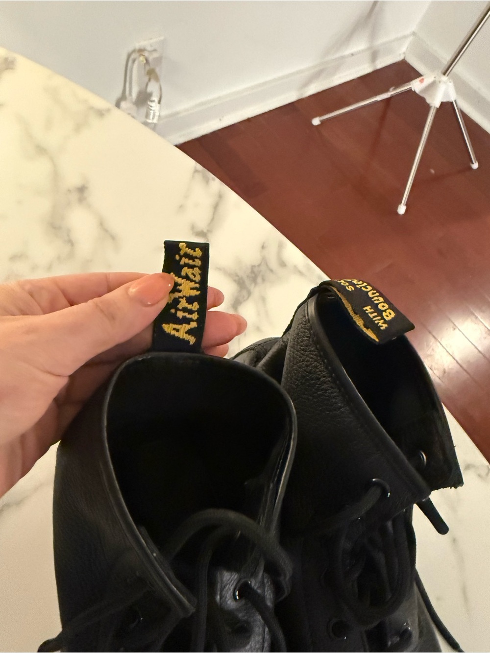 Dr. Martens Black Leather Lace-Up Boots with Yellow Stitching - Picture 2 of 7